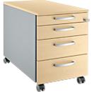 Schäfer Shop Pure Rollcontainer 1233, 3 Schübe & 1 Utensilienauszug, abschließbar, Rundgriffe, B 435 x T 765 x H 577 mm, weißalu/Ahorn