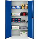 Schäfer Shop Pure Stahlschrank, 5 Ordnerhöhen, bis 250 kg, abschließbare Flügeltür, B 950 x T 400 x H 1935 mm, lichtgrau RAL 7035/enzianblau RAL 7035
