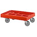 Schäfer Shop Pure transport roller, Euronorm, up to 300 kg, with stacking edge, swivel castors, L 610 x W 410 mm, HDPE &amp; TPU, fire red RAL 3000