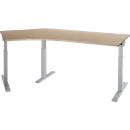 Schäfer Shop Select angled desk ERGO-T 2.0, 135° angle, attachment left, T-foot, W 2165 x D 800 x H 675-895 mm, oak/white aluminum