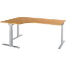 Schäfer Shop Select angled desk ERGO-T 2.0, 90° angle, attachment left, T-foot, W 2000 x D 1200/800 x H 675-895 mm, beech/white aluminium