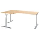 Schäfer Shop Select angled desk ERGO-T 2.0, 90° angle, attachment left, T-foot, W 2000 x D 1200/800 x H 675-895 mm, maple/white aluminium