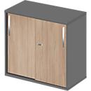 Schäfer Shop Select Armoire à portes coulissantes à poser/relever LOGIN, 2 hauteurs de classeurs, L 800 x P 420 x H 726 mm, graphite/décor chêne