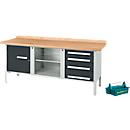 Schäfer Shop Select box-type werkbank PWi 200-1, beuken multiplex blad, tot 750 kg, B 2000 x D 700 x H 840 mm, lichtgrijs/antraciet + gratis draagkoffer Carry