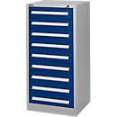 Schäfer Shop Select cajonera SF 90, 9 cajones, aluminio blanco RAL 9006 mono azul RAL 5010