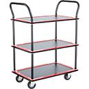 Schäfer Shop Select Chariot à plateaux 130L, 3 plateaux, acier peint époxy, roues PUR, L 485 x P 710/775 x H 1000 mm, jusqu'à 220 kg, noir/rouge