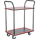 Schäfer Shop Select Chariot à plateaux 220DB, 2 plateaux, acier peint époxy, roues PUR, L 615 x P 880/965 x H 1000 mm, jusqu'à 370 kg, noir/rouge