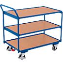 Schäfer Shop Select Chariot à plateaux, léger, plateau acier/MDF, bleu gentiane/décor hêtre, 3 plateaux, L 985 x l 605 mm, roulettes TPE avec EasySTOP, jusqu'à 250 kg