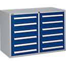 Schäfer Shop Select drawer cabinet SF 120, 12 drawers with label plates, lockable, W 1055 x D 500 x H 723 mm, white aluminum RAL 9006/enzian blue RAL 5010