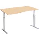 Schäfer Shop Select ERGO-T escritorio, regulable eléctricamente en altura, forma libre, fijación a la izquierda, pata en T, An 1800 x Al 725-1185 mm, decoración arce/aluminio blanco
