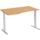 Schäfer Shop Select ERGO-T escritorio, regulable eléctricamente en altura, forma libre, fijación a la izquierda, pata en T, An 1800 x Al 725-1185 mm, decoración haya/aluminio blanco