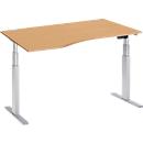 Schäfer Shop Select ERGO-T escritorio, regulable eléctricamente en altura, forma libre, fijación a la izquierda, pata en T, ancho 1800 x alto 640-1300 mm, decoración haya/aluminio blanco