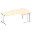 Schäfer Shop Select escritorio angular COMBITEC, ángulo de 90° a la derecha, pie en C, An 2000 x Pr 1200/800 x Al 677-817 mm, arce/aluminio blanco