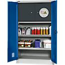 Schäfer Shop Select Gefahrstoffschrank, B 950 x T 500 x H 1585 mm, 2 Wannen inkl. WHG‑Wanne 11 Liter, Sicherheitsfach Typ 30, lichtgrau/enzianblau