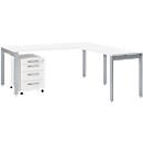 Schäfer Shop Select Kit complet LOGIN, bureau 4 pieds 1800 mm, table d'extension 4 pieds, caisson à roulettes, blanc