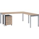 Schäfer Shop Select Kit complet LOGIN, bureau 4 pieds 1800 mm, table d'extension 4 pieds, caisson à roulettes, graphite/décor chêne