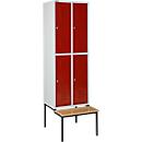 Schäfer Shop Select Kledinglocker, met zitbank, 2x2 compartimenten 300 mm, draaigrendelslot, lichtgrijs/robijnrood