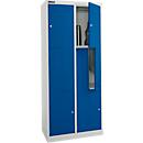 Schäfer Shop Select Kleiderspind, 4 Abteile mit Hutboden & Kleiderstange sowie 4 Fächer, Z-Türen, Zylinderschloss, mit Sockel, B 800 x T 450 x H 1850 mm, Stahl pulverbeschichtet, lichtgrau/enzianblau
