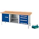 Schäfer Shop Select kofferwerkbank PWi 200-1, beuken multiplexplaat, tot 750 kg, B 2000 x D 700 x H 840 mm, blank aluminium/ gentiaanblauw + gratis draagkoffer Carry
