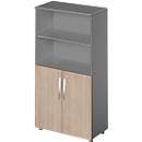 Schäfer Shop Select Kombischrank LOGIN, oben 2 Regale, unten 2 Ordnerhöhen mit Türen, B 800 x T 420 x H 1514 mm, graphit/Eiche