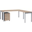 Schäfer Shop Select Komplettset LOGIN, 4-Fuß Schreibtisch 1800 mm, 4-Fuß Anbautisch, Rollcontainer, graphit/Eiche-Dekor