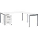 Schäfer Shop Select Komplettset LOGIN, 4-Fuß Schreibtisch 1800 mm, 4-Fuß Anbautisch, Rollcontainer, weiß