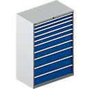 Schäfer Shop Select Ladekast 54-27, 10 laden, tot 200 kg, B 1023 x D 572 x D 572 x H 1450 mm, wit/enziumblauw, met een lengte van 2,5 meter.