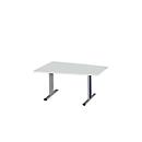 Schäfer Shop Select Mesa de reuniones Planova, forma de tonel, 1400 x 800/1000 mm, gris luminoso, molduras decorativas azul genciana 