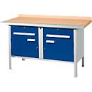 Schäfer Shop Select PWi 150-0 werkbank met kasten, beuken multiplexplaat, met stalen rand, tot 750 kg, B 1500 x D 700 x H 840 mm, lichtgrijs/ gentiaanblauw