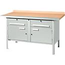 Schäfer Shop Select PWi 150-0 werkbank met kasten, beuken multiplexplaat, met stalen rand, tot 750 kg, B 1500 x D 700 x H 840 mm, lichtgrijs