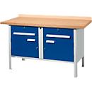 Schäfer Shop Select PWi 150-0 werkbank met kasten, beuken multiplexplaat, tot 750 kg, B 1500 x D 700 x H 840 mm, lichtgrijs/ gentiaanblauw