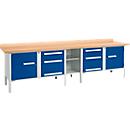 Schäfer Shop Select PWi 300-2 tafelmodel werkbank, beuken multiplexplaat, tot 750 kg, B 3000 x D 700 x H 840 mm, lichtgrijs/ gentiaanblauw