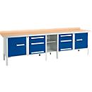 Schäfer Shop Select PWi 300-2 werkbank in kastuitvoering, beuken multiplexplaat, met stalen rand, tot 750 kg, B 3000 x D 700 x H 840 mm, lichtgrijs/ gentiaanblauw