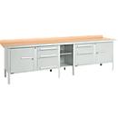 Schäfer Shop Select PWi 300-2 werkbank in kastuitvoering, beuken multiplexplaat, met stalen rand, tot 750 kg, B 3000 x D 700 x H 840 mm, lichtgrijs