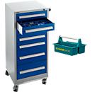 Schäfer Shop Select Schubladenschrank SFR 70, 7 Schübe, mit Rollen, weißaluminium RAL 9006/enzianblau RAL 5010 + gratis Tragekasten Carry