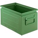 Schäfer Shop Select Stapelbox, Volumen 13,4 l, 80 kg, Faltgriffe, L 379 x B 207 x H 200 mm, Stahlblech, grün RAL 6011
