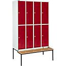 Schäfer Shop Select Taquilla, 4x2 compartimentos, con banco, 300 mm, cerradura de cilindro, puerta rojo rubí