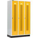 Schäfer Shop Select Vestiaire à bandes perforées, 3 compartiments, 400 mm, sur socle, serrure à came batteuse, porte jaune colza