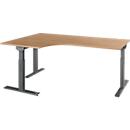 Schäfer Shop Select Winkelschreibtisch ERGO-T 2.0, 90° Winkel, Ansatz links, T-Fuß, B 2000 x T 1200/800 x H 675-895 mm, Ahorn/anthrazit