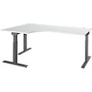 Schäfer Shop Select Winkelschreibtisch ERGO-T 2.0, 90° Winkel, Ansatz links, T-Fuß, B 2000 x T 1200/800 x H 675-895 mm, lichtgrau/anthrazit 
