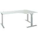 Schäfer Shop Select Winkelschreibtisch ERGO-T 2.0, 90° Winkel, Ansatz rechts, T-Fuß, B 2000 x T 1200/800 x H 675-895 mm, lichtgrau/weißalu