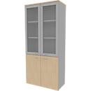 Schrank ARLON OFFICE, 5 Ordnerhöhen, 2 Glastüren m. Rahmen, 2 Melamintüren, H 2000 mm, Eiche-Dekor/alu