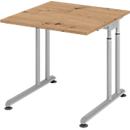 Schreibtisch Breno, manuelle Höheneinstellung, horizontaler Kabelkanal, B 800 x T 800 x H 680-820 mm, Spanplatte & Stahl, Asteiche/Silber