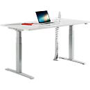 Schreibtisch, elektrisch höhenverstellbar, rechteckig, B 1600 mm, T- Fuß, lichtgrau/ weissalu + Kabelspirale, silbergrau