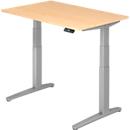 Schreibtisch TOPAS LINE, elektrisch höhenverstellbar, C-Fuß, B 1200 x T 800 x H 650-1300 mm, Ahorn/weißaluminium + Memoryschalter, Kabelkanal