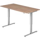 Schreibtisch ULM, elektrisch höhenverstellbar, Rechteck, T-Fuß, B 1600 x T 800 x H 720-1190 mm, Nussbaum/alusilber + Kabelwanne