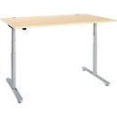 Schreibtisch, zweistufig elektrisch höhenverstellbar, T-Fuß Rundrohr, B 1600 x T 800 x H 634-1294 mm, Ahorn/weißaluminium