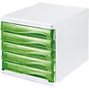 Schubladenbox helit, 5 Schübe, DIN A4, B 265 x H 250 x T 340 mm, Polypropylen, Gehäuse weiß/Schublade grün transparent