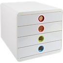 Schubladenbox POP-BOX Weiß/Harlekin, 4 geschlossene Laden, A4/A4+/24x32 cm, leise, Sicherheitsstopp