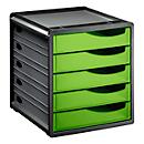 Schubladenbox Rotho SPACEMAKER, 5 geschlossene Schübe im Format A4, Griffmulden, stapelbar, L 330 x B 285 x H 320 mm, Polystyrol, schwarz-grün